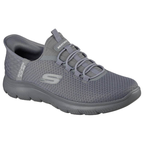 Gray Skechers men's slip-on trainers with breathable mesh upper and elastic laces, lightweight sporty design.