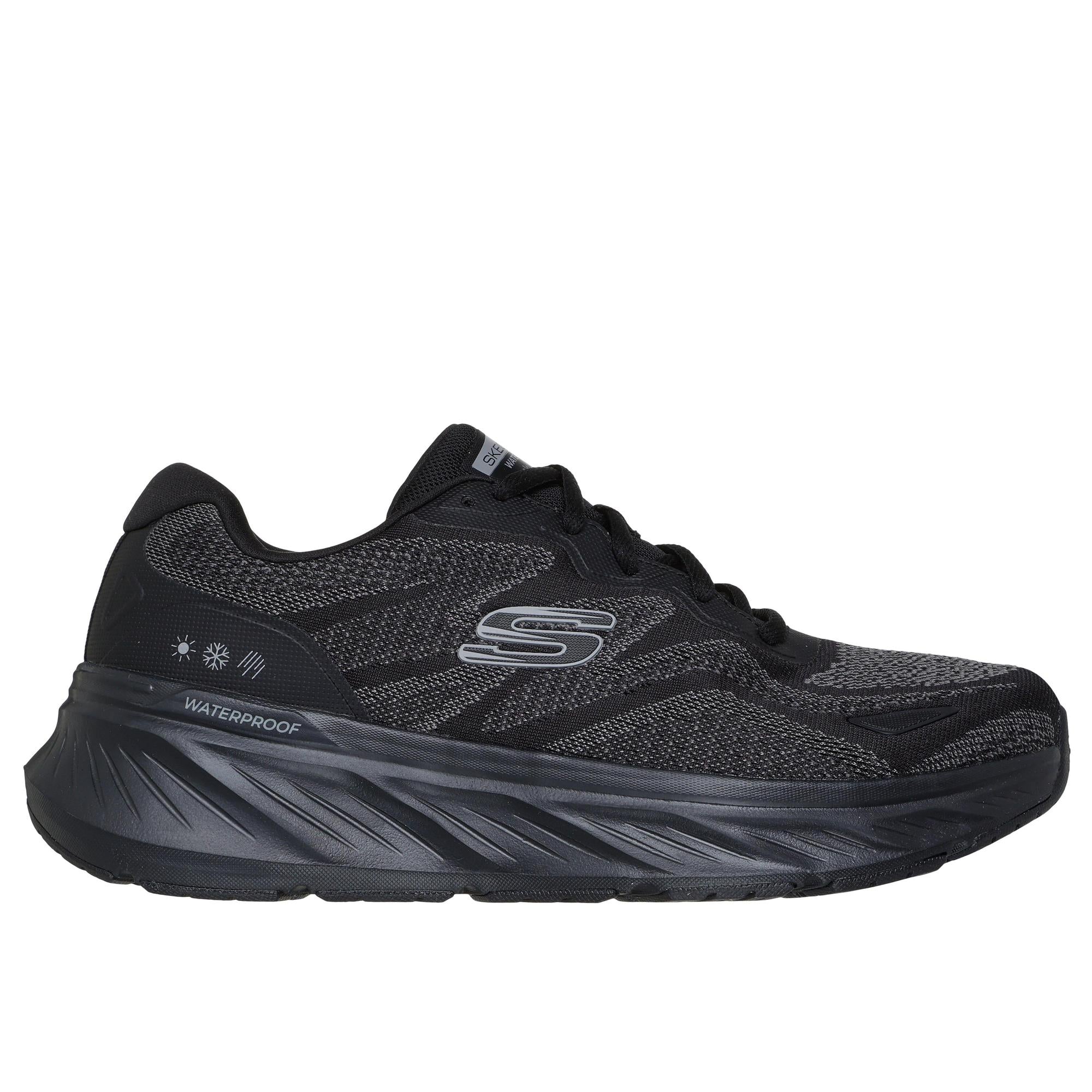 Skechers Edgeride Konzo men's waterproof black textile athletic lace-up trainers with cushioned sole.