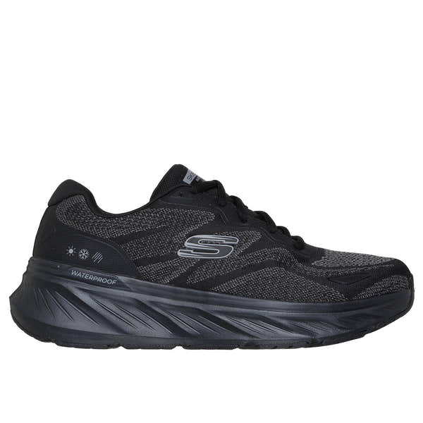 Skechers Edgeride Konzo men's waterproof black textile athletic lace-up trainers with cushioned sole.