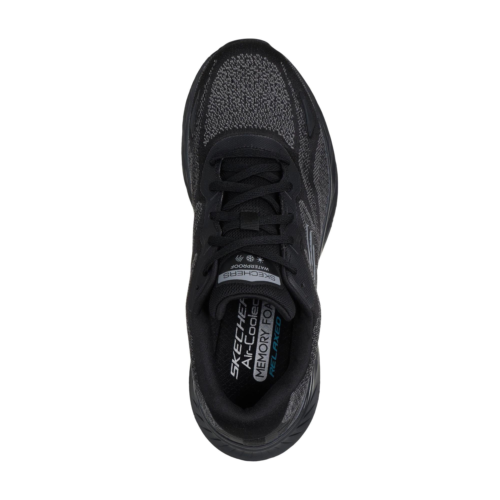 Skechers Edgeride Konzo men's black waterproof mesh lace-up trainers with breathable, vegan textile upper and memory foam cushioning.