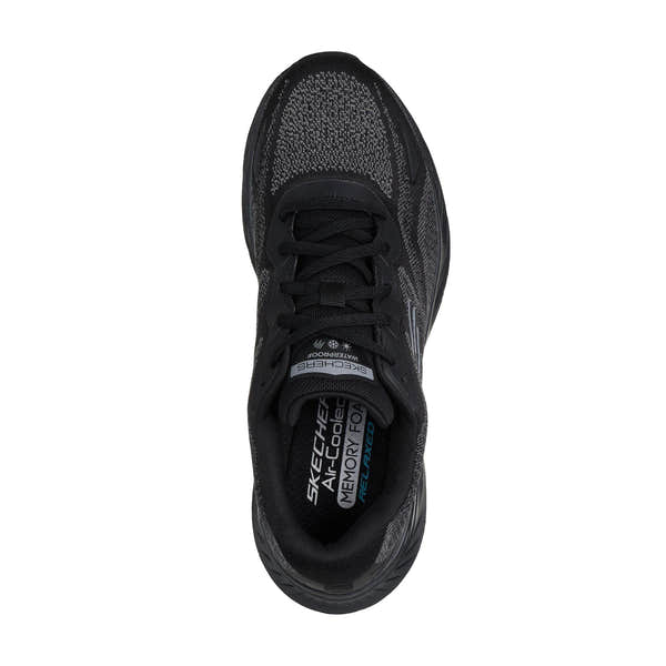 Skechers Edgeride Konzo men's black waterproof mesh lace-up trainers with breathable, vegan textile upper and memory foam cushioning.