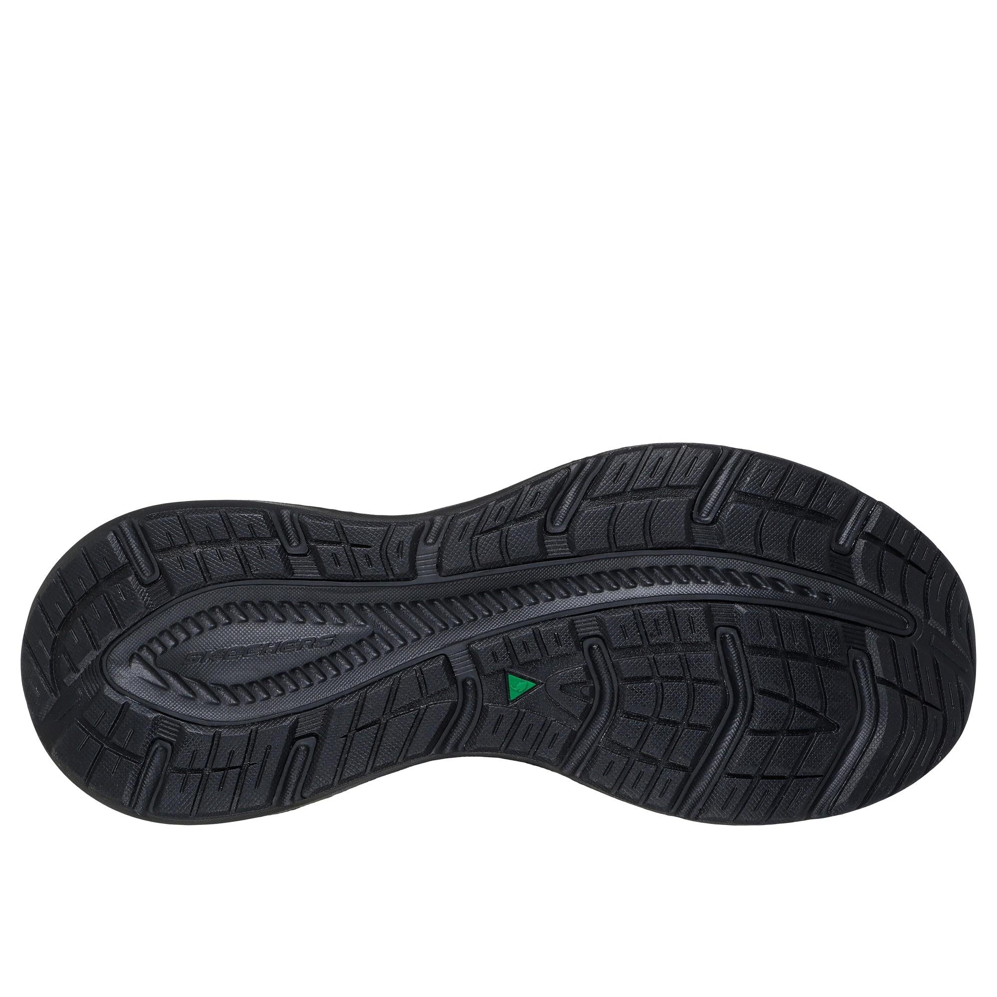 Skechers Edgeride Konzo men's black vegan waterproof textile lace-up trainers, rubber sole with tread pattern.