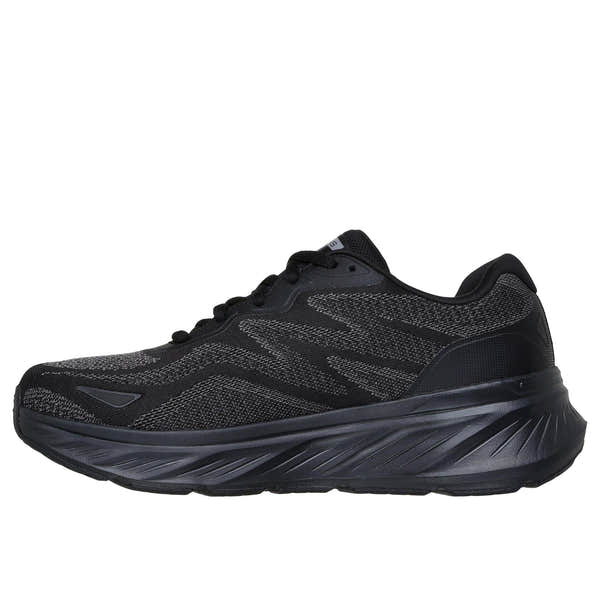 Skechers Edgeride Konzo men's black waterproof textile lace-up trainers with cushioned sole and sporty design.