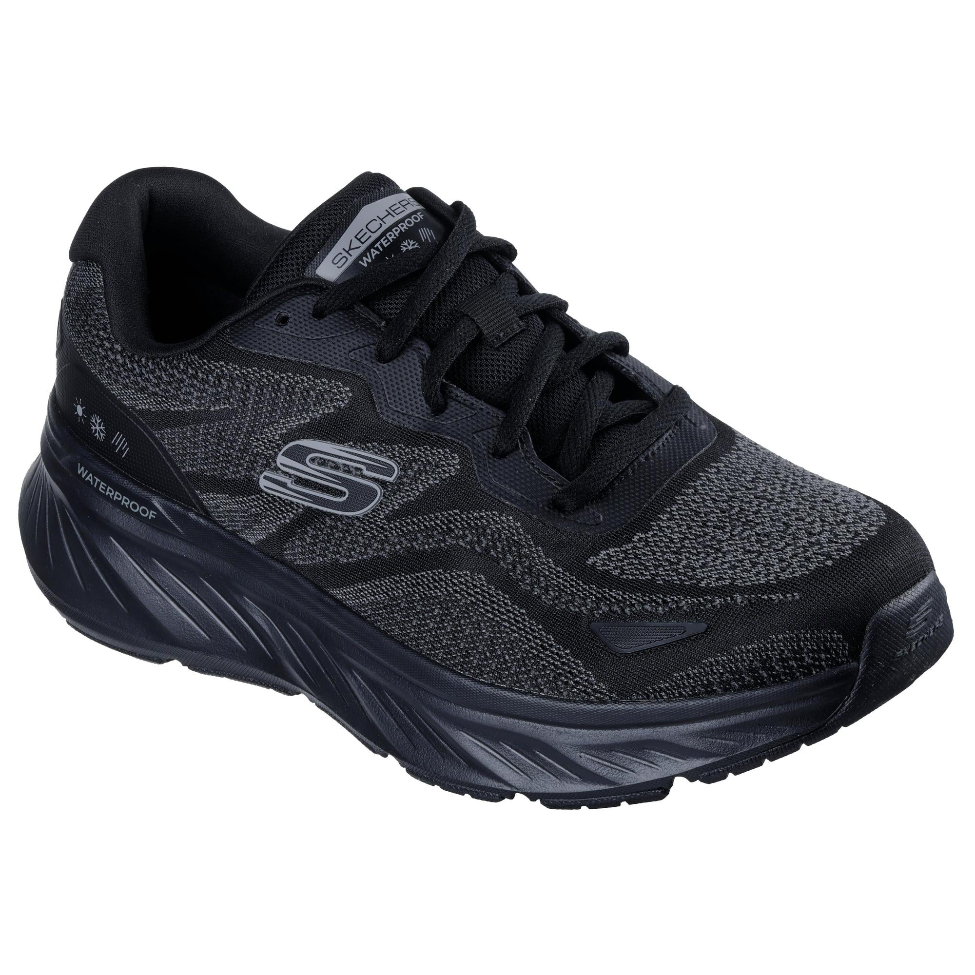 Skechers Edgeride Konzo men's black waterproof vegan lace-up trainers with breathable textile upper and cushioned sole.