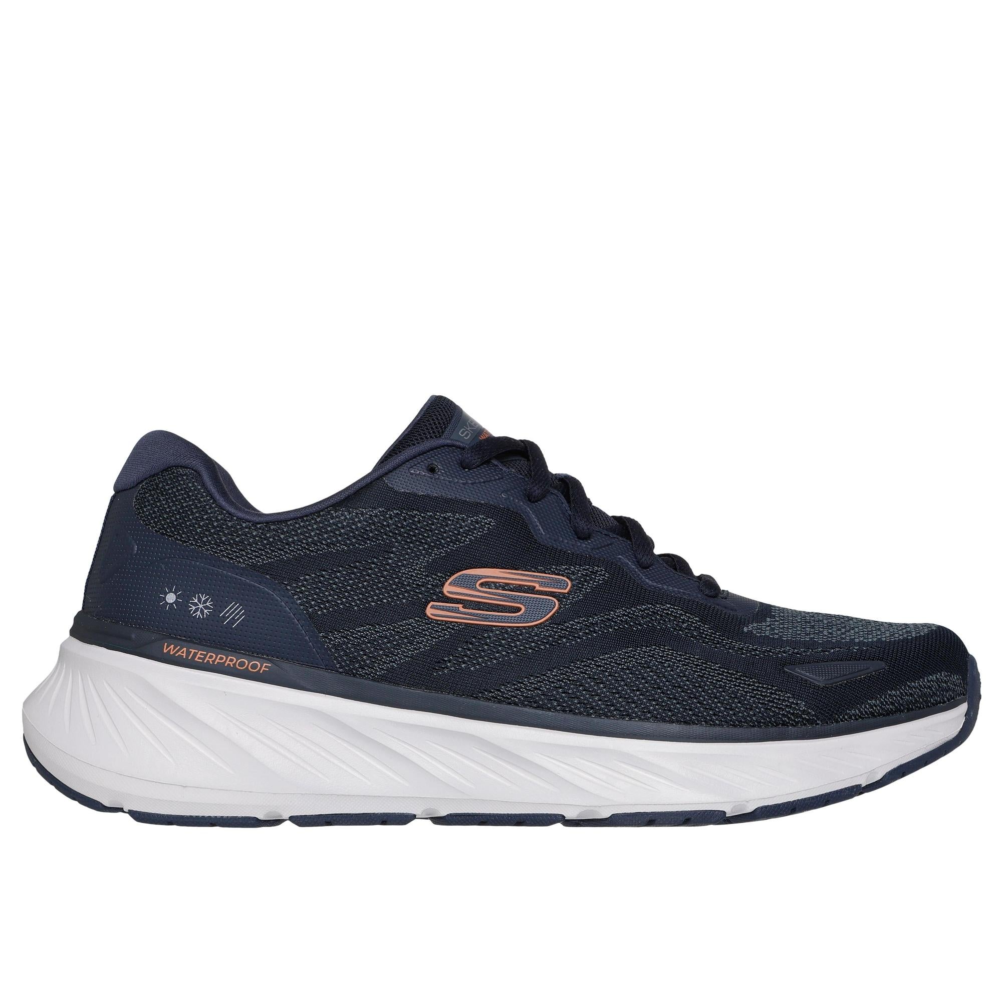 Skechers Edgeride Konzo men's navy and orange waterproof vegan textile lace-up trainers with cushioned white sole.