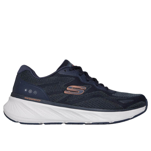 Skechers Edgeride Konzo men's navy and orange waterproof vegan textile lace-up trainers with cushioned white sole.