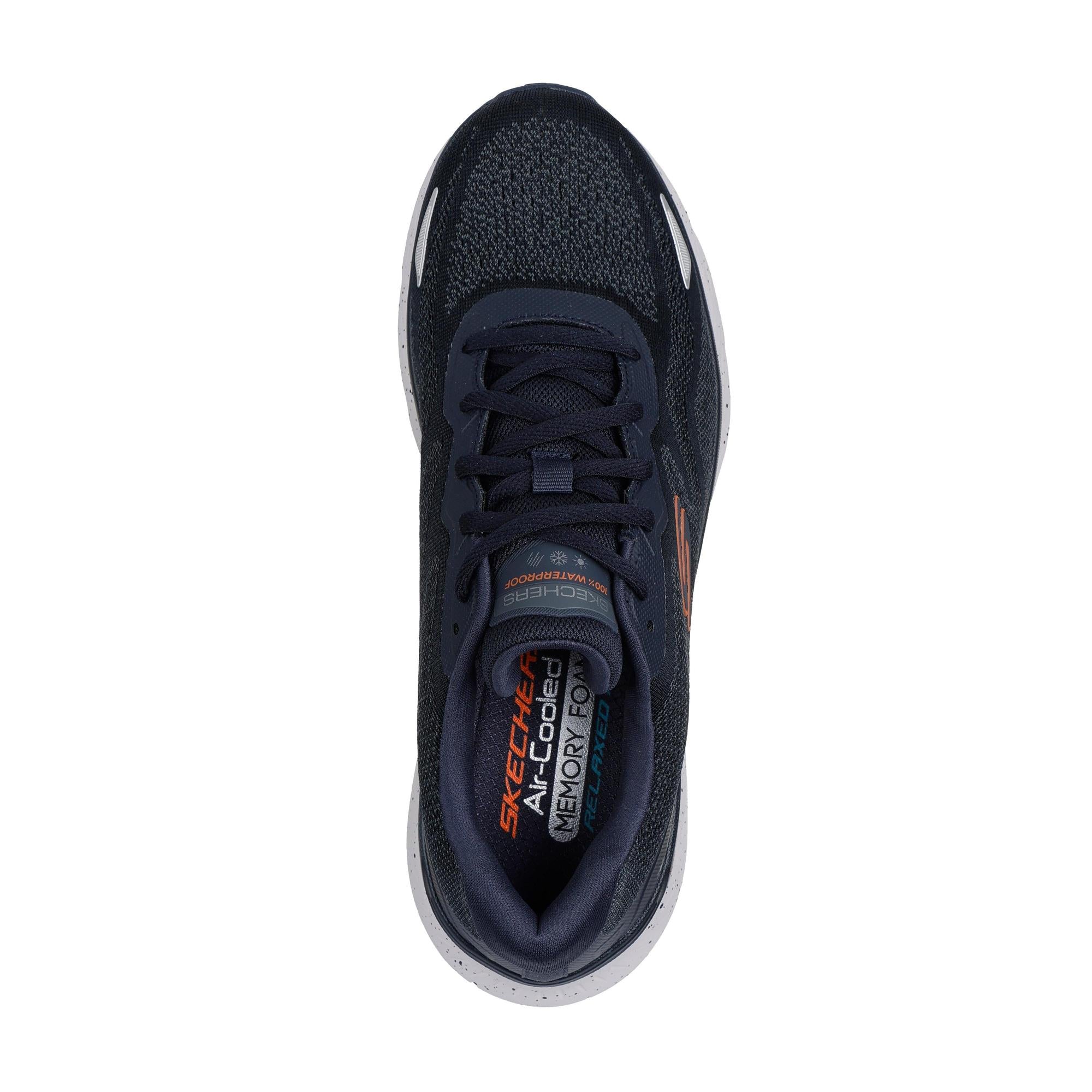 Skechers Edgeride Konzo men's navy and orange waterproof vegan textile lace-up trainers, athletic and breathable.