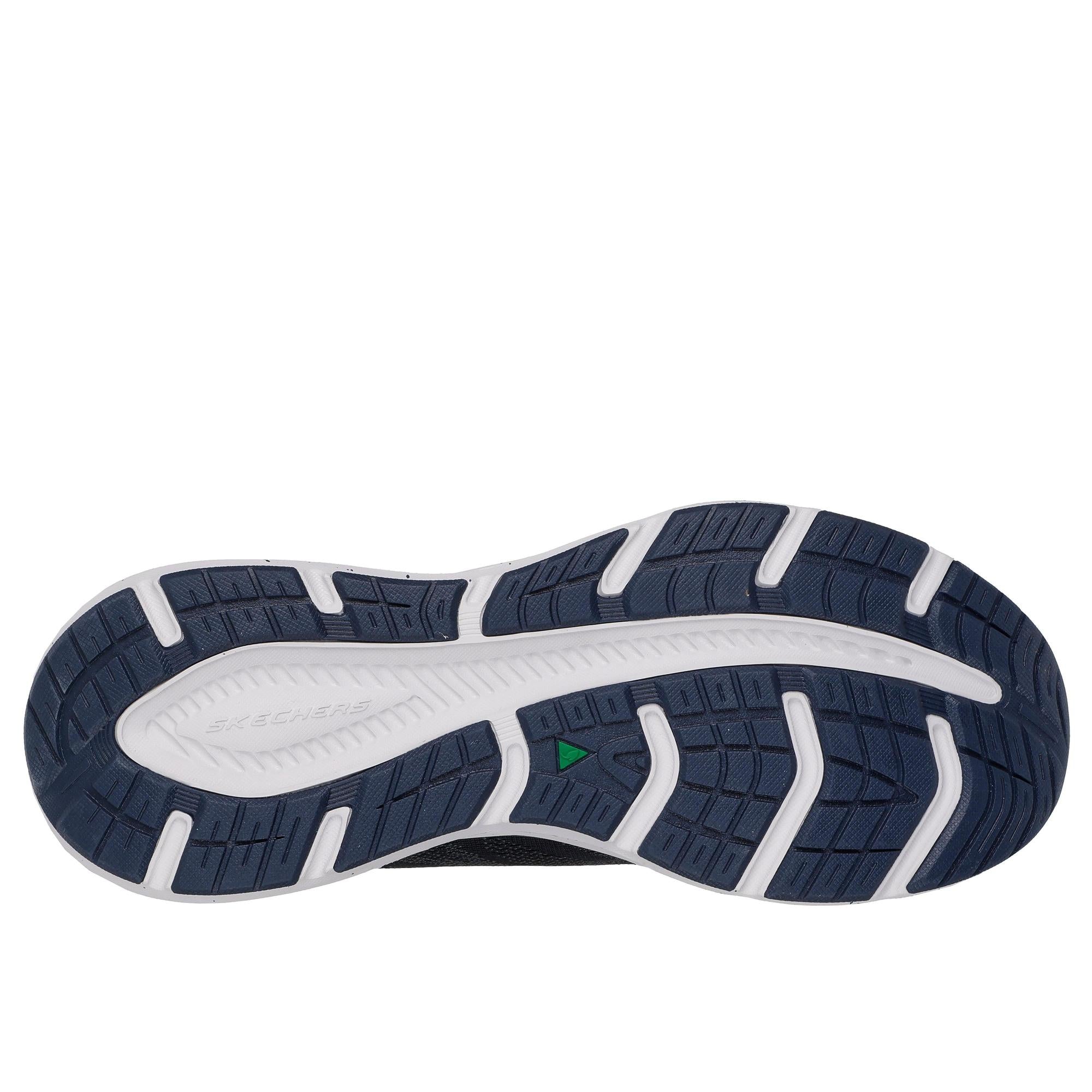 Skechers Edgeride Konzo men's navy/orange waterproof vegan lace-up trainers with textile upper and durable rubber sole.
