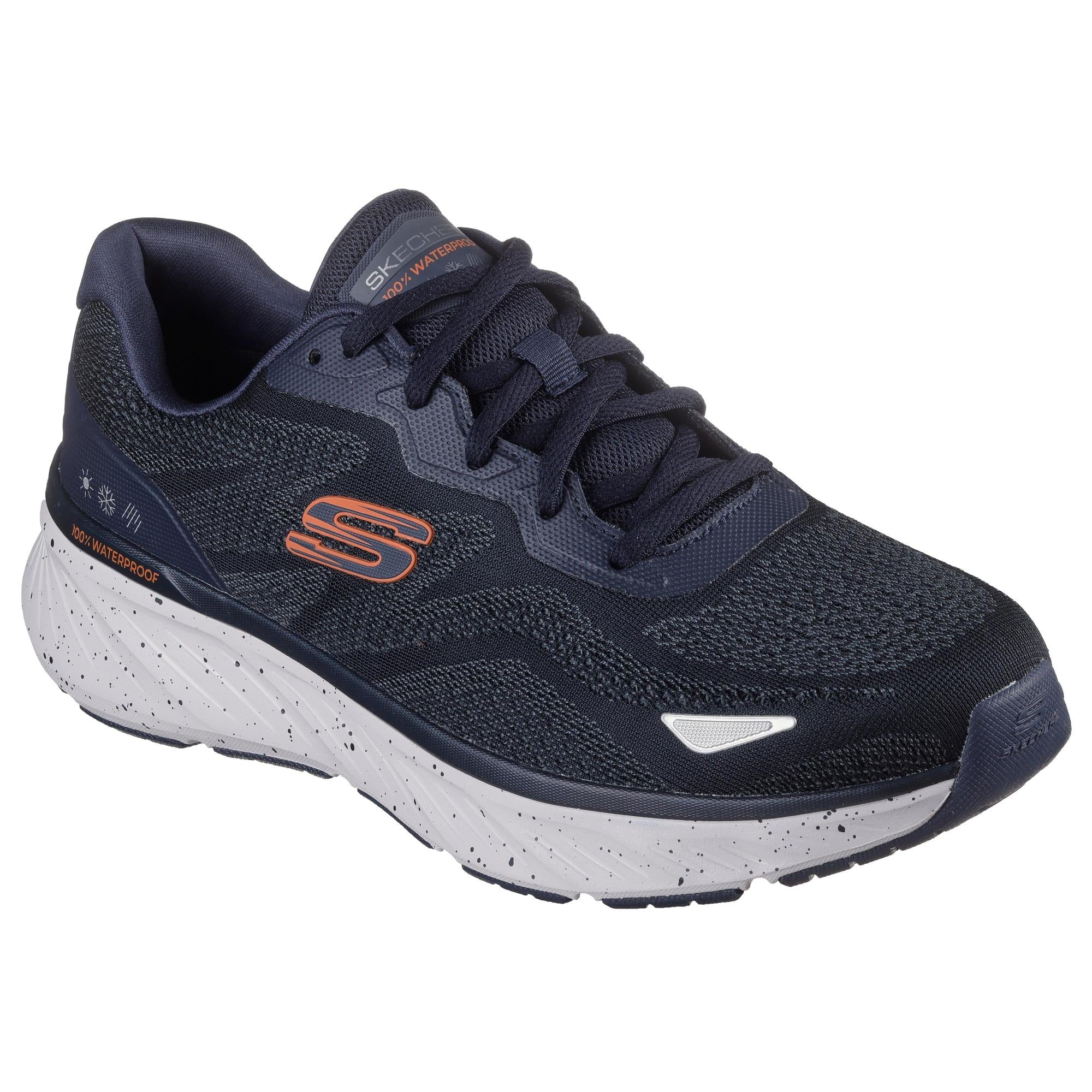 Skechers Edgeride Konzo men's navy and orange waterproof textile lace-up trainers with cushioned sole.