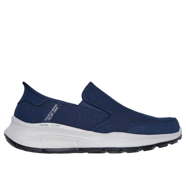 Skechers Equalizer 5.0 Drayze men's navy slip-on trainers with textile upper and cushioned sole for comfort and style.