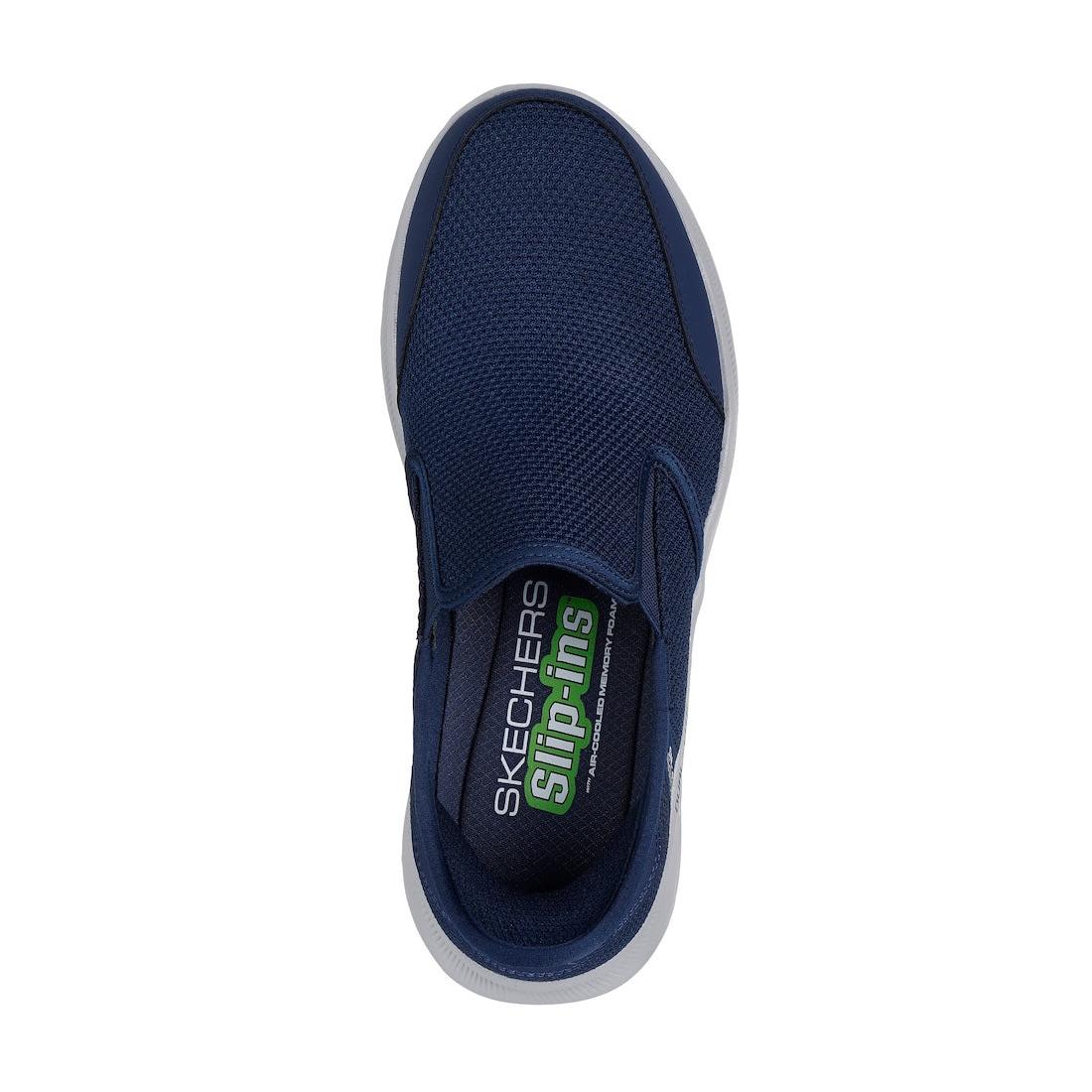 Skechers men's navy slip-on trainers, breathable textile uppers, cushioned insole, lightweight sporty design.