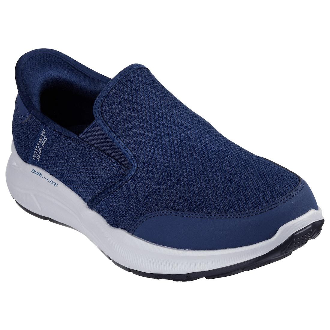 Skechers Equalizer 5.0 Drayze Men's navy slip-on trainers with breathable textile upper and sporty white sole.