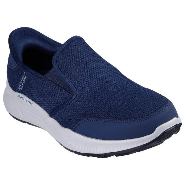 Skechers Equalizer 5.0 Drayze Men's navy slip-on trainers with breathable textile upper and sporty white sole.