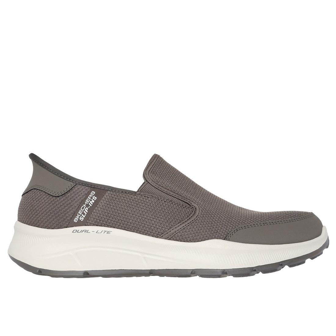 Skechers Equalizer 5.0 Drayze men's taupe slip-on trainers with textile upper and cushioned white sole.
