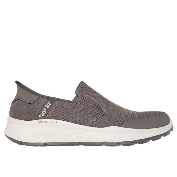 Skechers Equalizer 5.0 Drayze men's taupe slip-on trainers with textile upper and cushioned white sole.