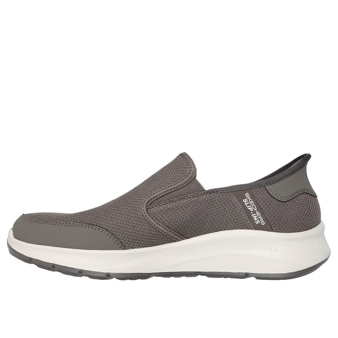 Skechers Equalizer 5.0 Drayze men's taupe slip-on trainers with breathable textile upper and cushioned sole.