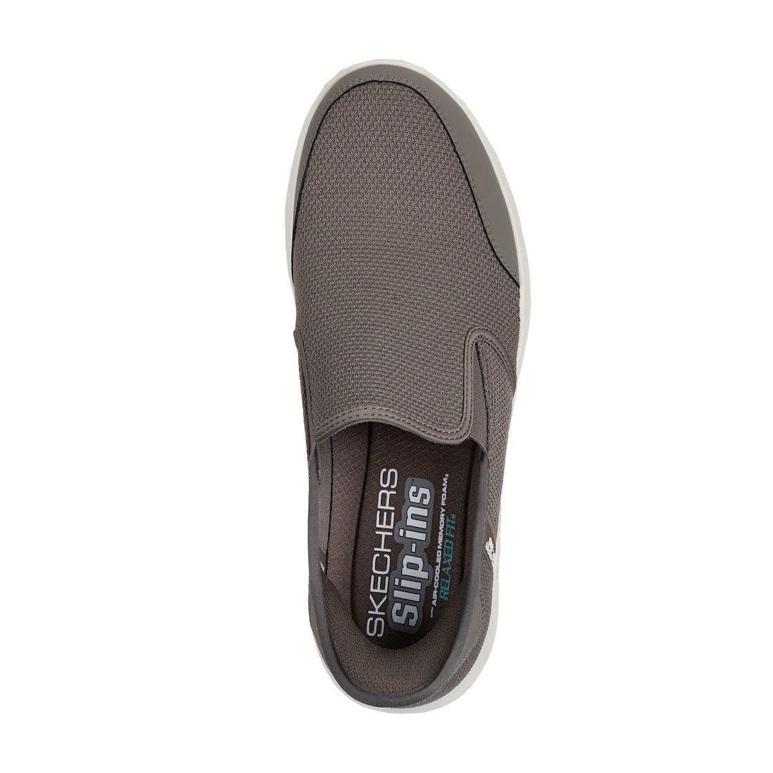 Skechers Equalizer 5.0 Drayze men's taupe slip-on trainers with textile upper, cushioned insole, and rubber outsole.