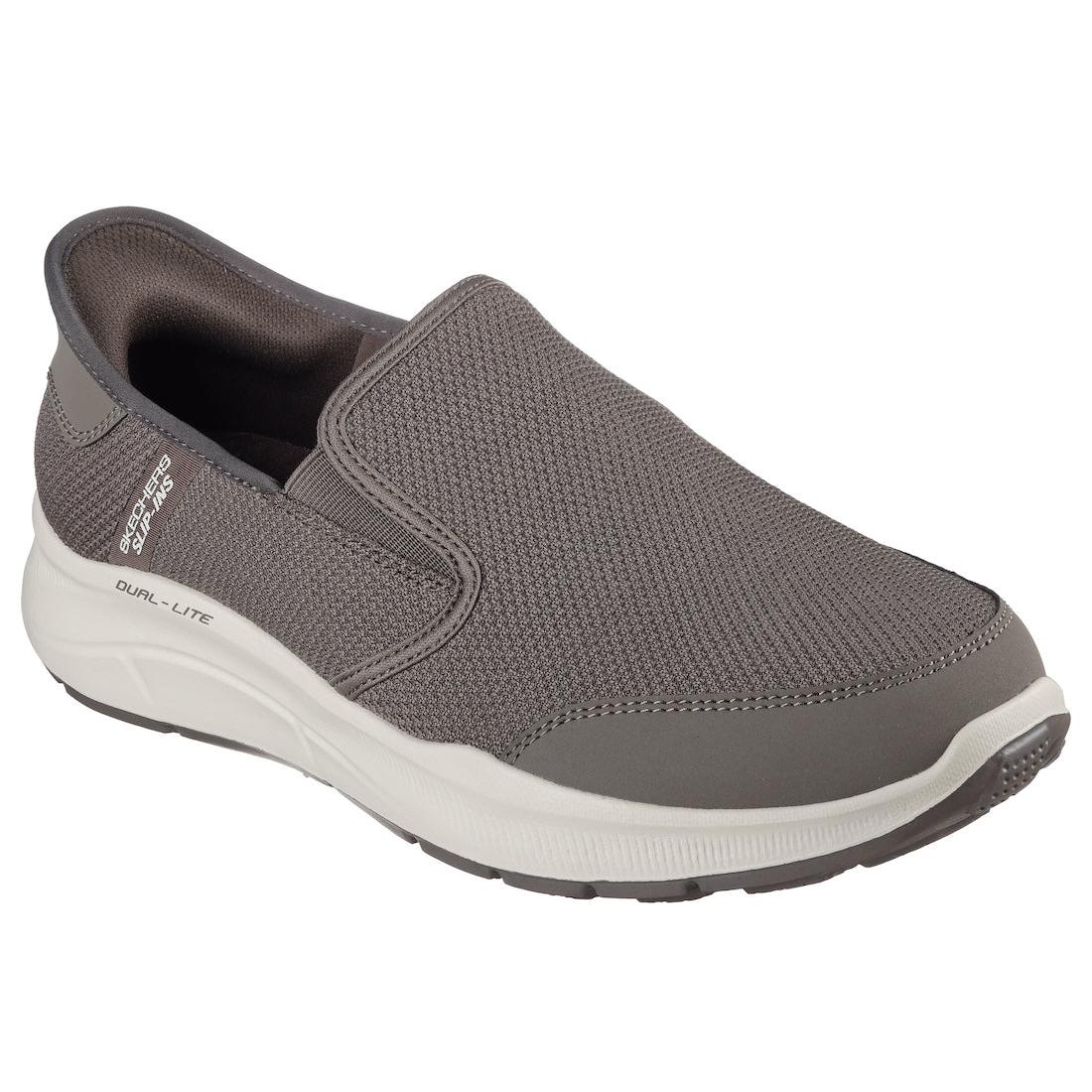 Skechers Equalizer 5.0 Drayze men's taupe textile slip-on trainers with cushioned sole and lightweight design.