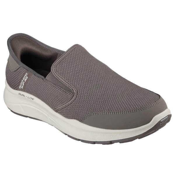 Skechers Equalizer 5.0 Drayze men's taupe textile slip-on trainers with cushioned sole and lightweight design.