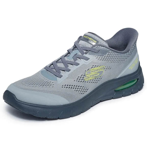 Skechers Skech-Air Summits men's vegan slip-on trainers in charcoal and lime with breathable mesh, cushioned sole, and sporty design.