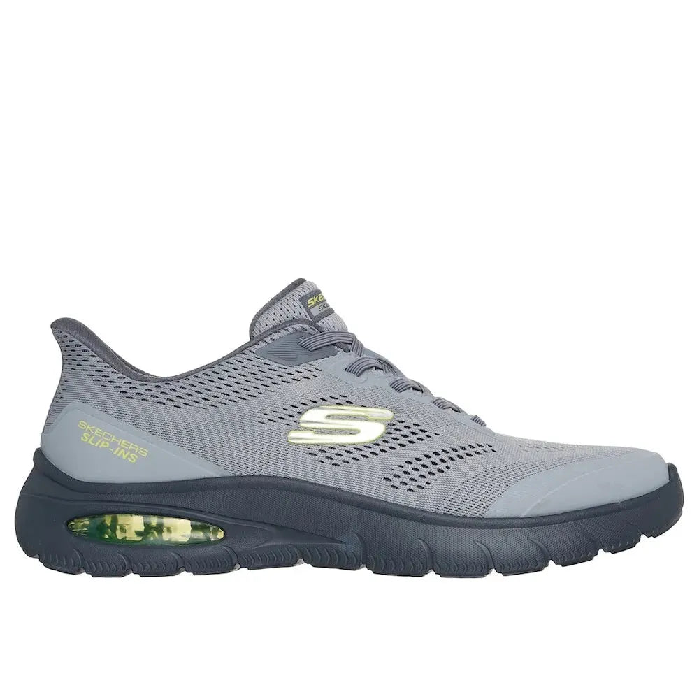 Skechers Skech-Air Summits men's vegan slip-on trainers in charcoal and lime with breathable mesh upper and cushioned sole.