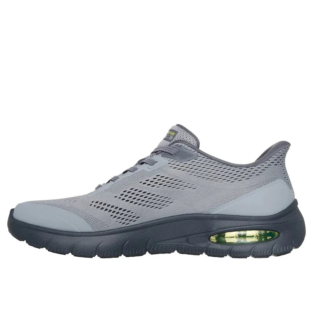 Skechers Skech-Air Summits men's vegan slip-on trainers in charcoal and lime, breathable mesh, cushioned sole with air cushion.