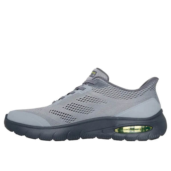 Skechers Skech-Air Summits men's vegan slip-on trainers in charcoal and lime, breathable mesh, cushioned sole with air cushion.