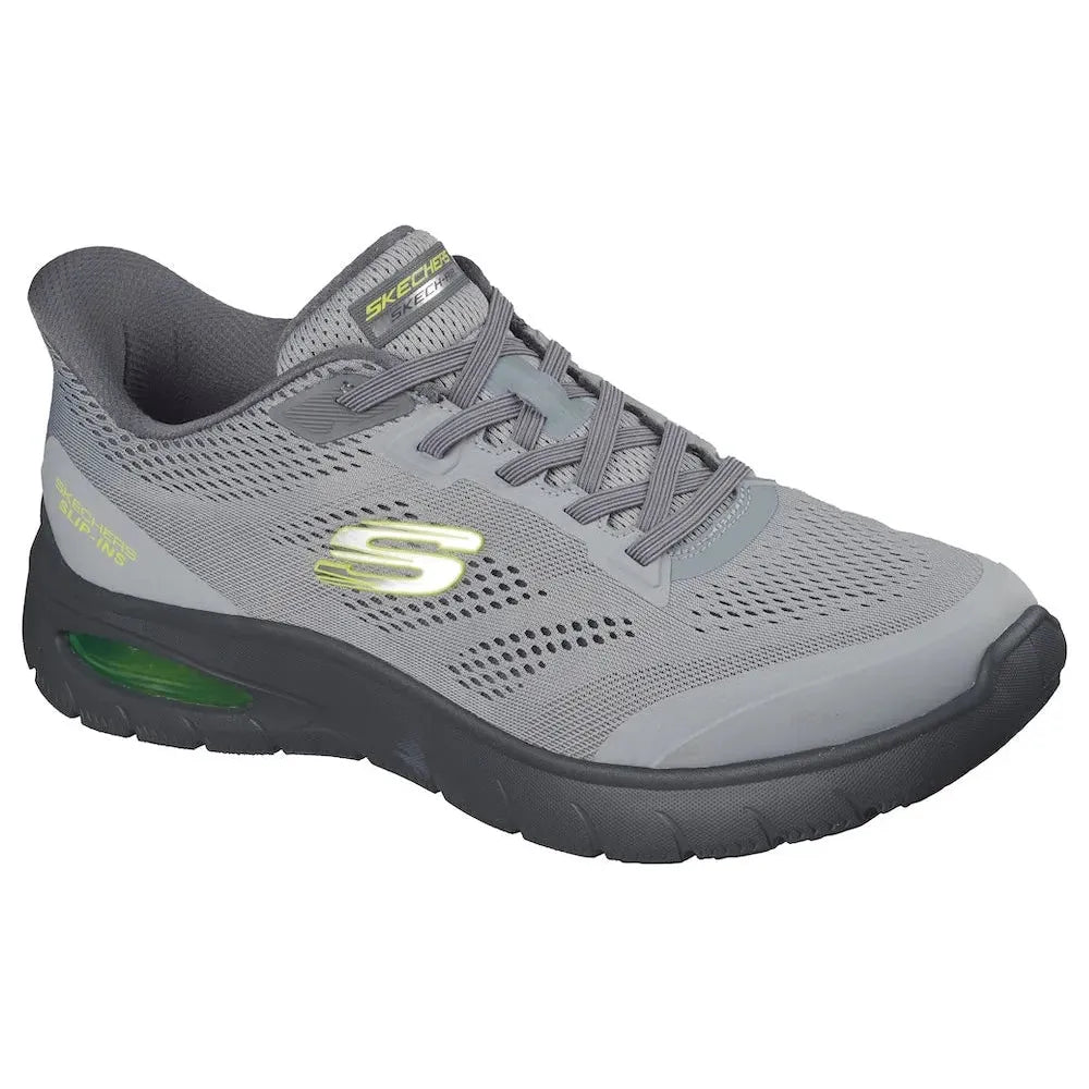 Skechers Skech-Air Summits men's vegan slip-on trainers in charcoal and lime, breathable mesh, cushioned sole, lightweight design.