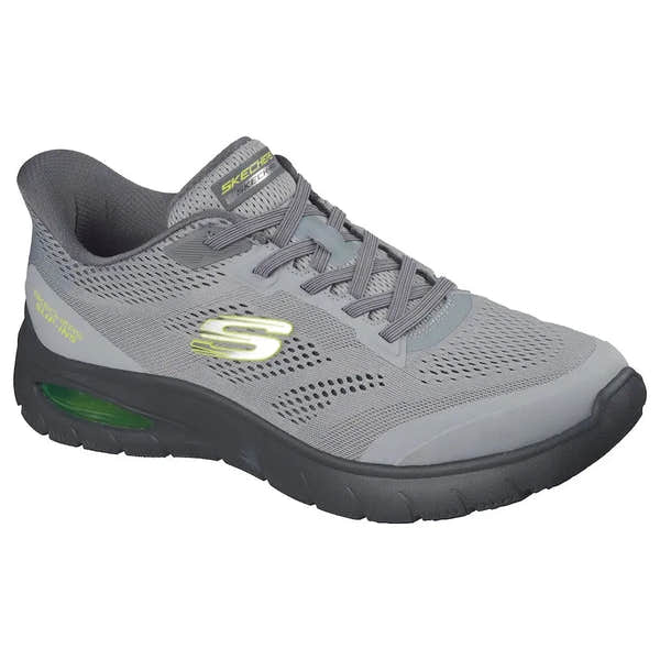 Skechers Skech-Air Summits men's vegan slip-on trainers in charcoal and lime, breathable mesh, cushioned sole, lightweight design.