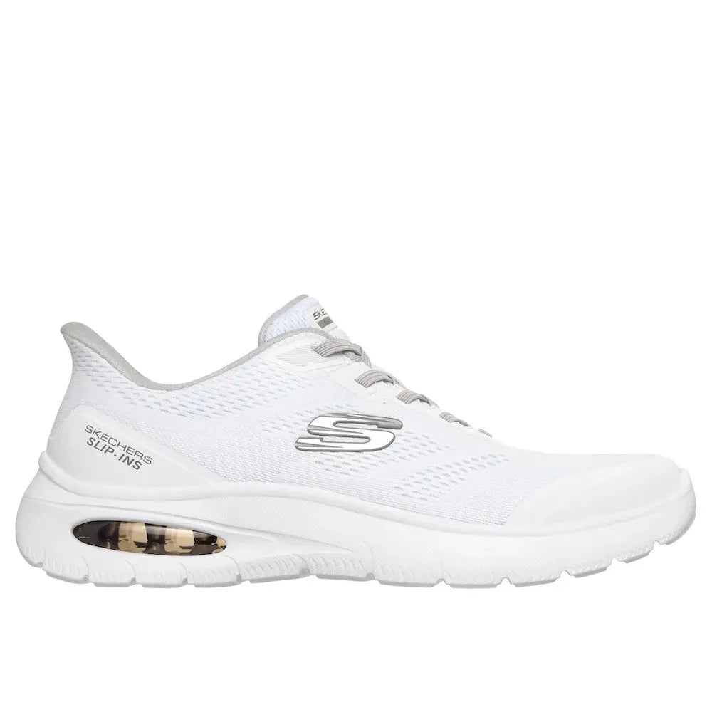 White Skechers men's vegan slip-on trainers with breathable mesh design and cushioned sole, Skech-Air Summits.