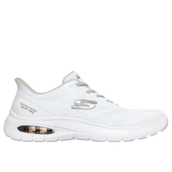 White Skechers men's vegan slip-on trainers with breathable mesh design and cushioned sole, Skech-Air Summits.