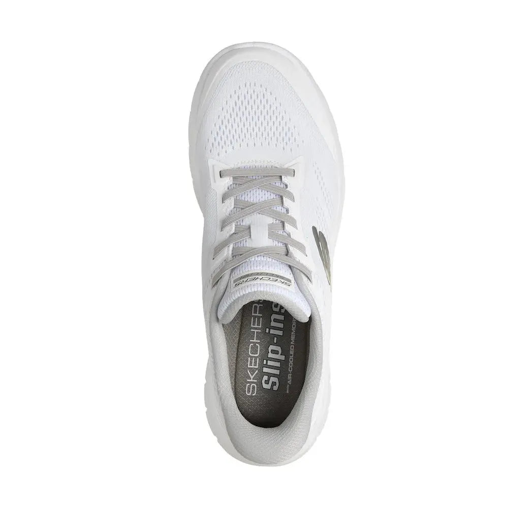White Skechers men's slip-on trainers with breathable mesh upper, vegan material, and cushioned insole.