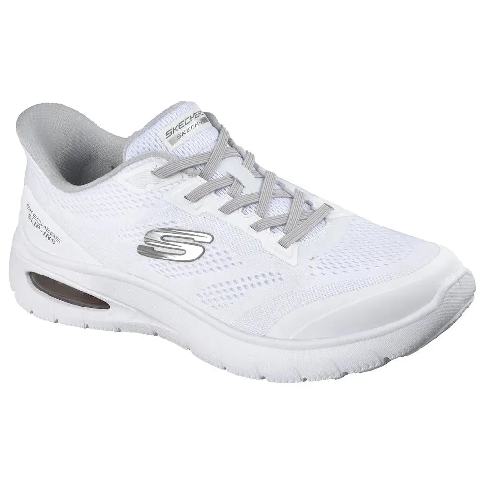 White Skechers men's vegan slip-on trainers with breathable mesh upper, cushioned sole, and Skech-Air technology.