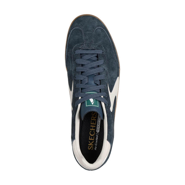 Skechers Azir men's charcoal suede lace-up trainers with white accents and blue laces, Air-Cooled Memory Foam insoles.