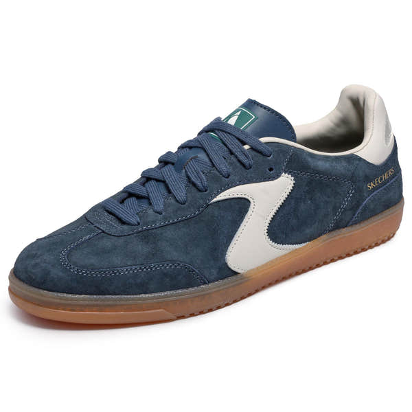 Skechers Azir Men's Charcoal Suede Lace-Up Trainers with white accents and gum sole.