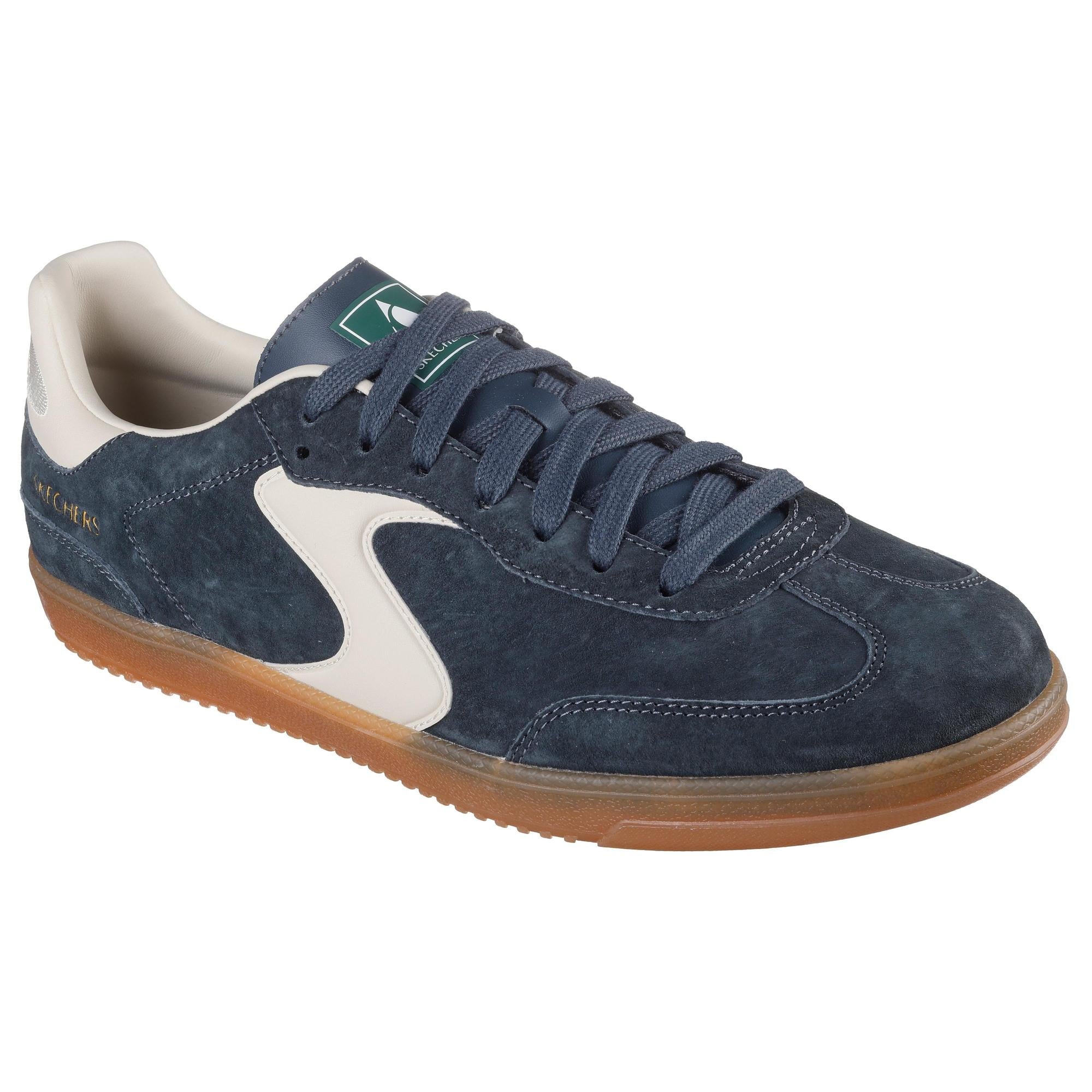 Skechers Azir men's charcoal suede lace-up trainers with white accents and gum rubber sole.
