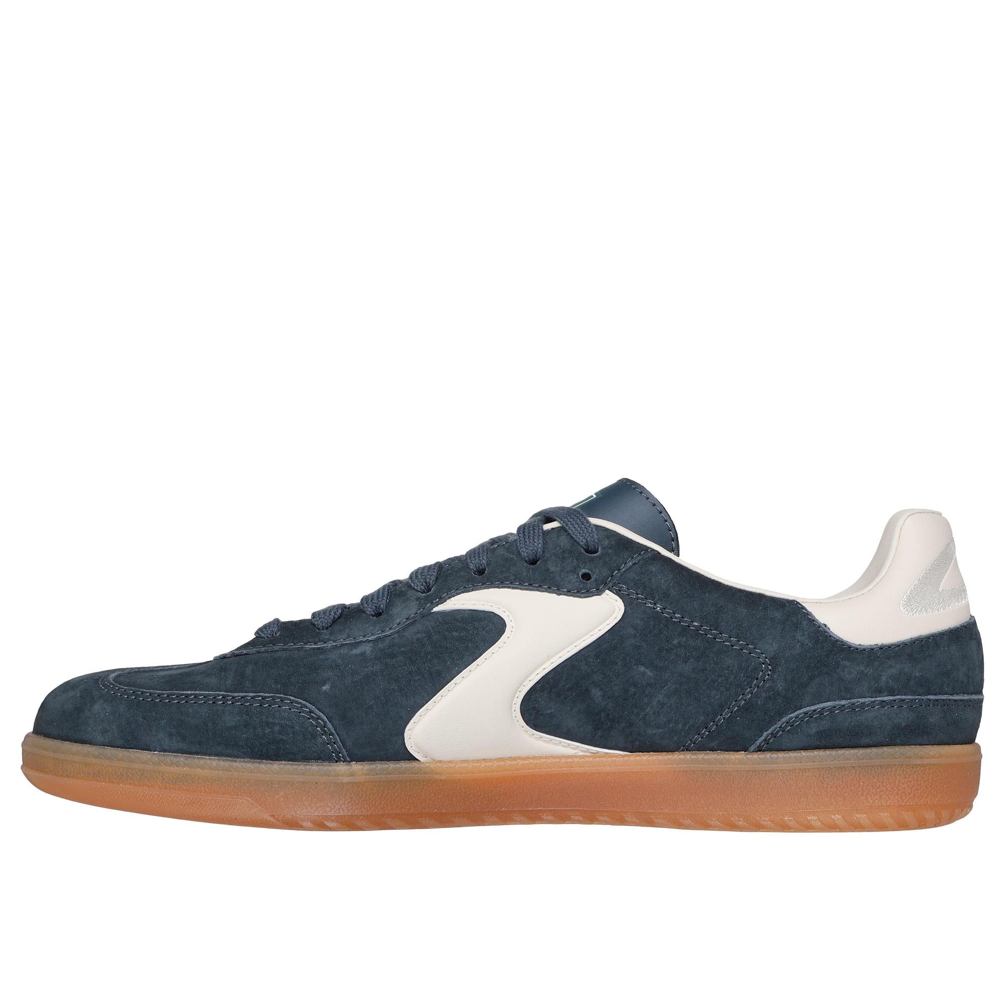 Skechers Azir Hotshot men's charcoal suede lace-up trainers with white accents and gum rubber sole.