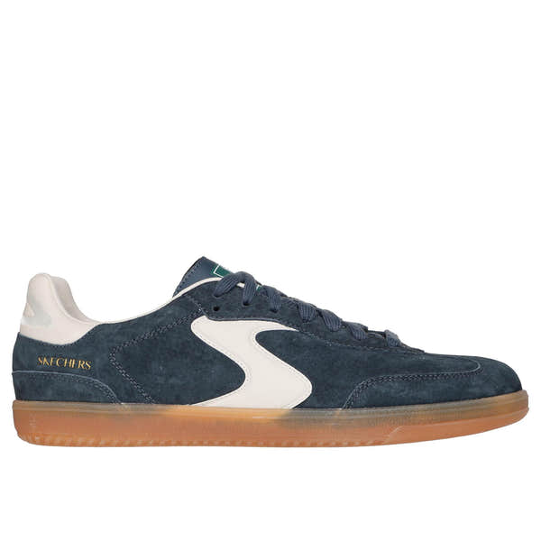 Skechers Azir men's charcoal suede lace-up trainers with white accents and gum sole, slip-resistant casual athletic shoes.