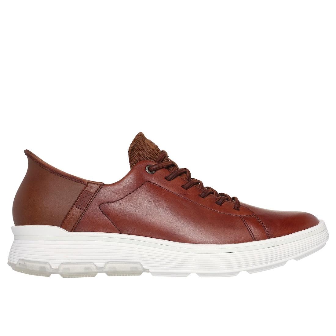 Skechers Mark Nason Abbott men's casual lace-up trainers in cognac leather and textile with white sole.