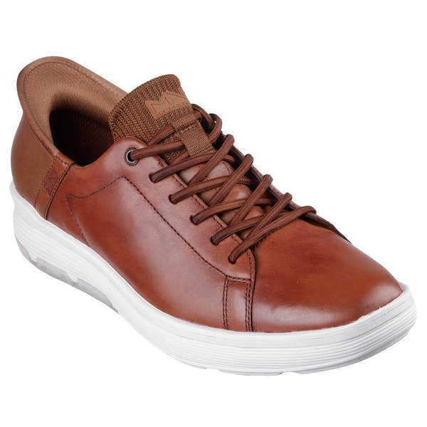 Skechers Mark Nason Abbott men's casual trainers in cognac leather and textile with lace-up design and white sole.