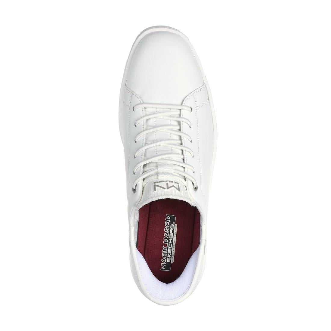 White leather and textile lace-up men's casual trainers with a cushioned interior and Skechers Mark Nason branding.