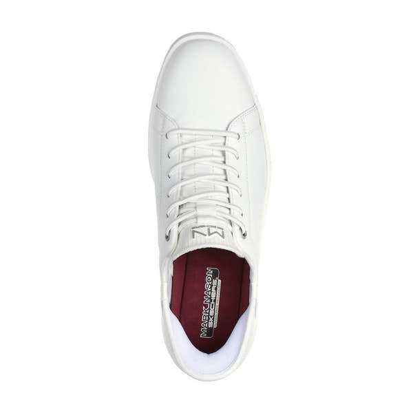 White leather and textile lace-up men's casual trainers with a cushioned interior and Skechers Mark Nason branding.