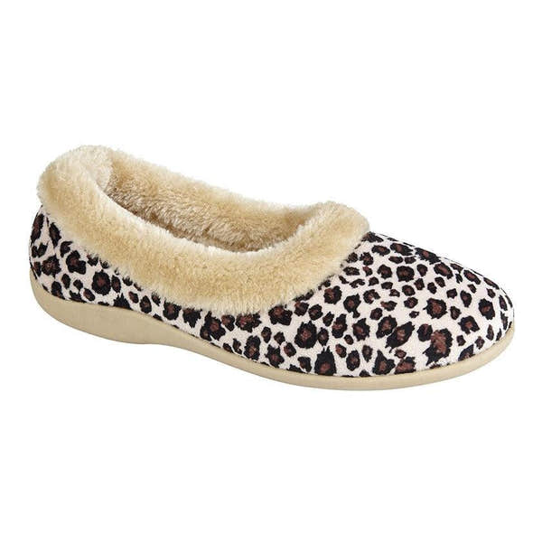 Sleepers LS314M women's animal print textile slip-on slippers with plush lining and leopard pattern.