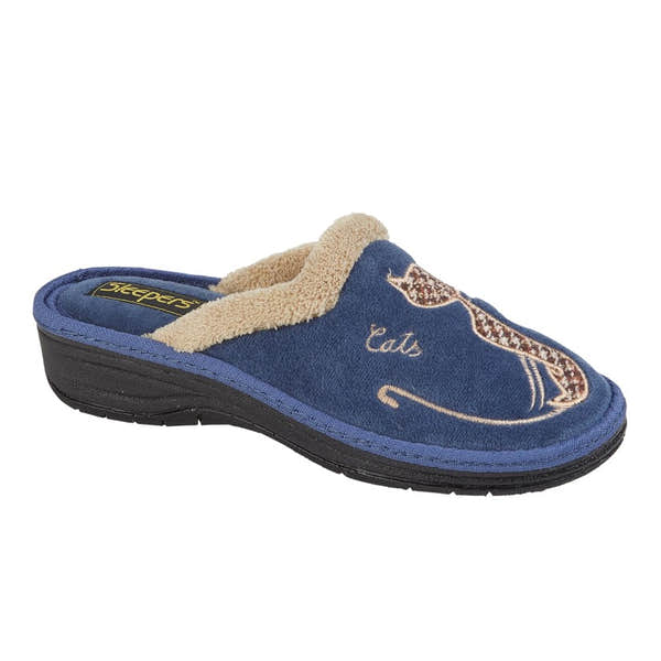 Sleepers LS350C Lorna Ladies Blueberry textile slip-on mule with embroidered leopard design and plush lining.