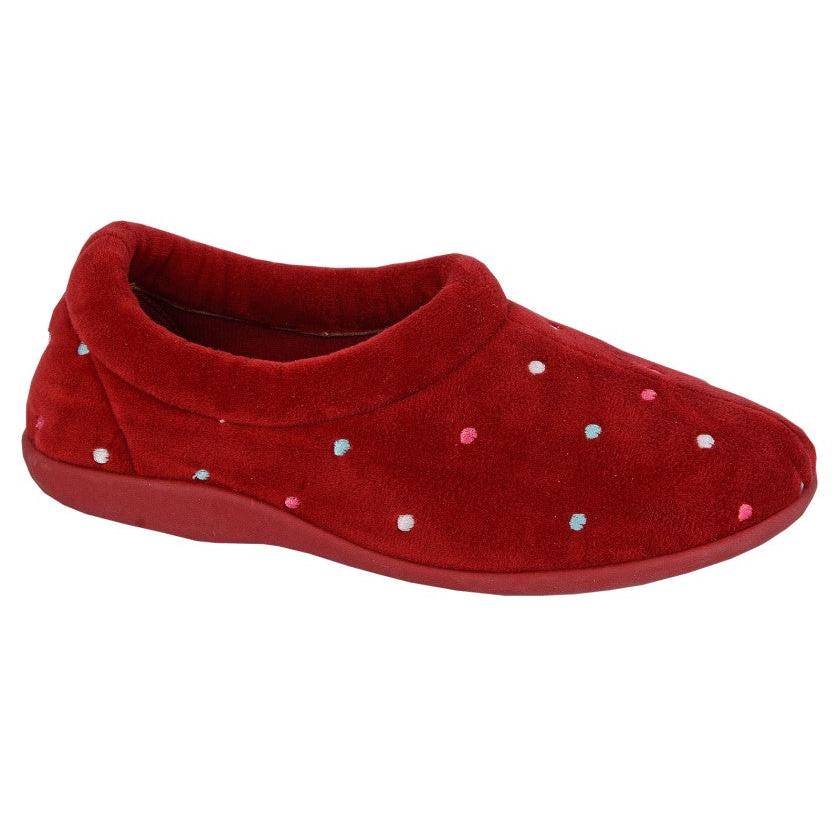 Sleepers LS803BD Sophie Ladies Burgundy Textile Slip-On Slippers with polka dot design and cushioned sole.