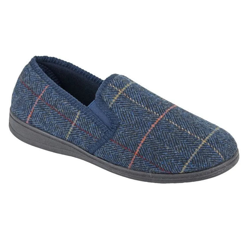 Sleepers MS404C Kenny Mens Navy Blue Herringbone Textile Slippers-elevate your sole