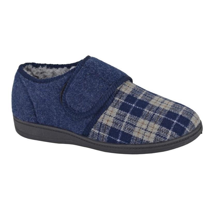 Sleepers MS411CK Denzil men's navy textile slippers with touch fastening and plaid design, ideal for comfortable indoor wear.