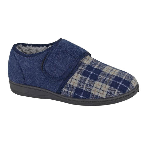 Sleepers MS411CK Denzil men's navy textile slippers with touch fastening and plaid design, ideal for comfortable indoor wear.