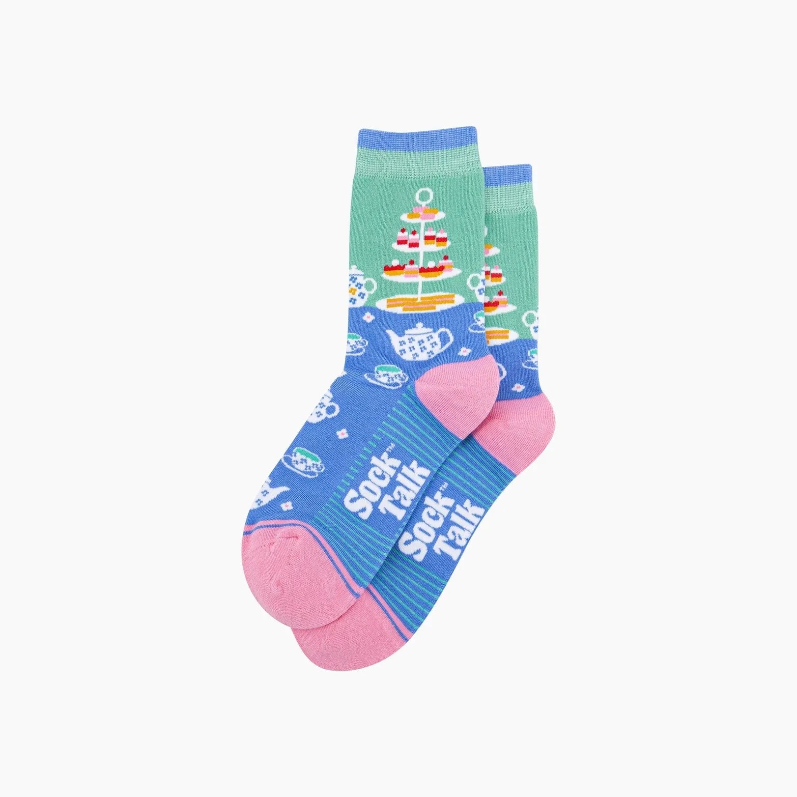 Sock Talk bamboo socks in mint, blue, and pink with sailboat and teapot patterns, featuring pink heels and toes, and 
