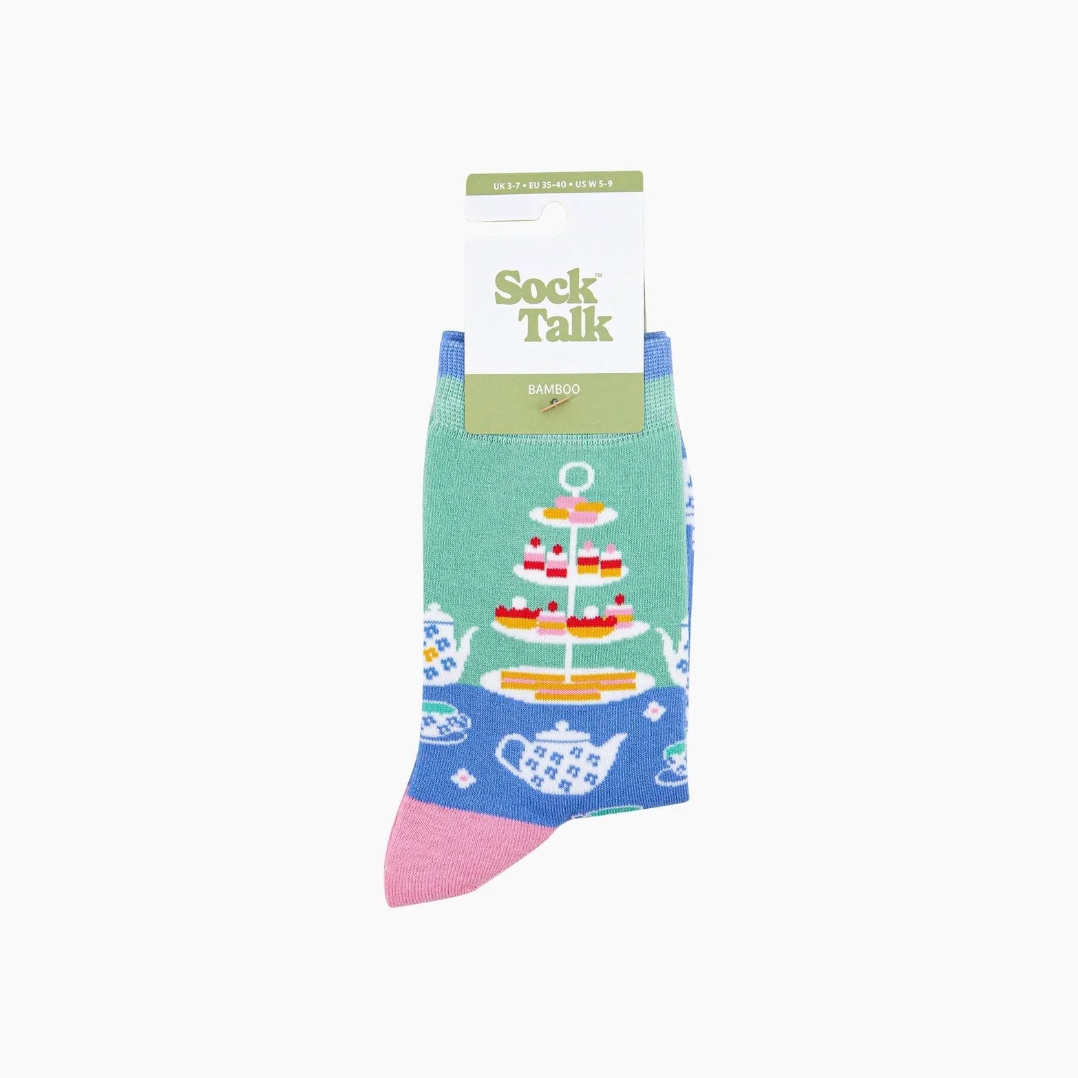 Sock Talk Bamboo Socks in Mint/Blue with dessert and tea design, featuring pink toe and patterned details, perfect for high tea occasions.